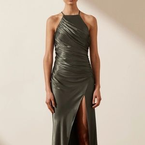 SHONA JOY - LA LUNE GATHERED SQUARE NECK BIAS MIDI DRESS - OLIVE